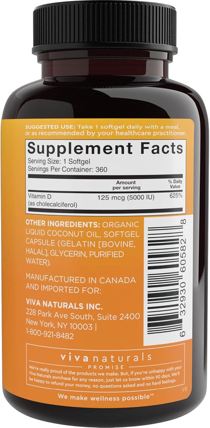 Viva Naturals Vitamin D3 5000 IU Softgels, 360 Count (125 mcg), Supports Bone & Immune Health, High Potency Vitamin D