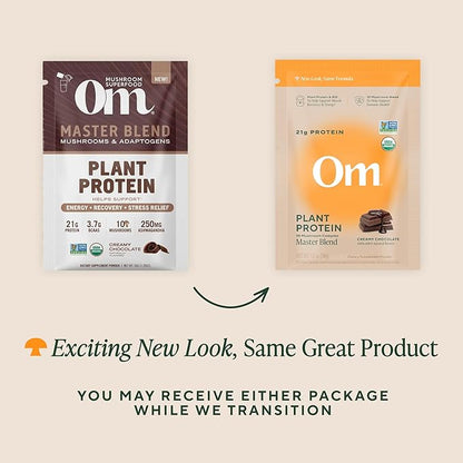 OM MUSHROOM SUPERFOOD Master Blend Vegan Protein – Organic Chocolate Plant Protein with 10 Mushrooms, Ashwagandha, BCAAs & B12 – Energy, Recovery & Immune Support – 10 Single Serves