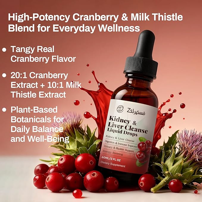 Kidney Cleanse Drops with Cranberry Extract, Milk Thistle, Chanca Piedra & Artichoke - Herbal Supplement for Liver Kidney Detox & Urinary Tract Support, 60ml