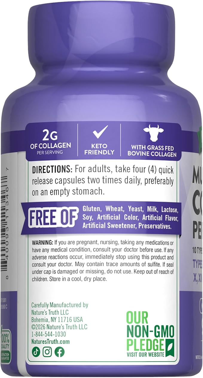 Nature's Truth Multi Collagen Peptides Capsules | Types I, II, III, IV, V, VII, VIII, X, XII & XXII | 2000 mg | 90 Count | Keto Friendly | Non-GMO and Gluten Free Supplement