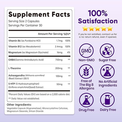 1050mg GABA L-Theanine Ashwagandha - Made in USA - Advanced Sleep Aid & Calm- Magnesium, 5-HTP, Vitamin B6 & B12, GABA (Gamma Aminobutyric Acid) Supplement - Melatonin-Free & Non-Habit Forming