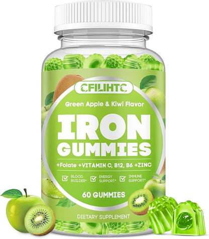 Center-Filled Iron Gummies for Adults & Kids - Iron Supplement with Vitamin B6, B12, C, Zinc, Folate - Support Women Iron Deficiency, Anemia, Blood Builder - Sugar Free Vegan 60ct Apple & Kiwi Flavor