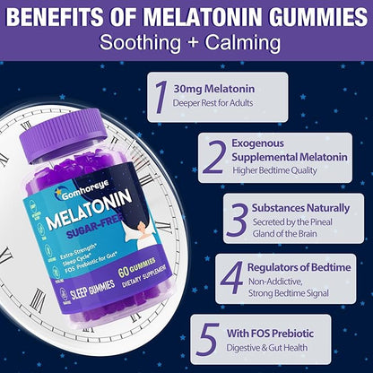 Melatonin Gummies 30mg for Adults - Maximum Strength Melatonin Gummies for Relaxation & Soothing, Exogenous Melatonin Supplement with FOS for Immune, Gut Health and pH Balance, Sugar Free -120 Counts