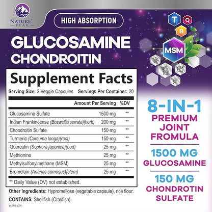 Glucosamine Chondroitin & MSM - 3x Strength Joint Support Supplement for Mobility & Comfort - Glucosamine Complex with Turmeric, Boswellia, Bromelain & Quercetin - Bottled in USA - 60 Capsules