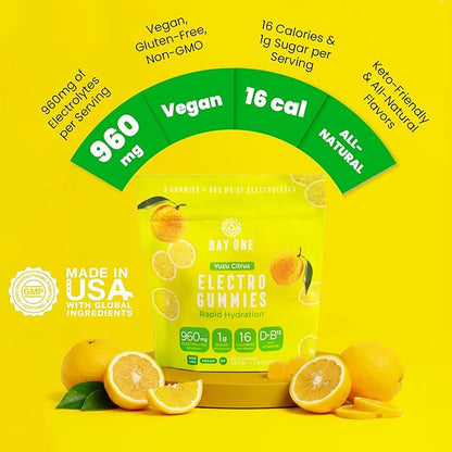Day One Electrogummies - 60pcs. of Yuzu Citrus Flavored Electrolyte Gummies for Hydration and Recovery - Packed with Essential Electrolytes Ideal for Workouts, Running, Hiking and More