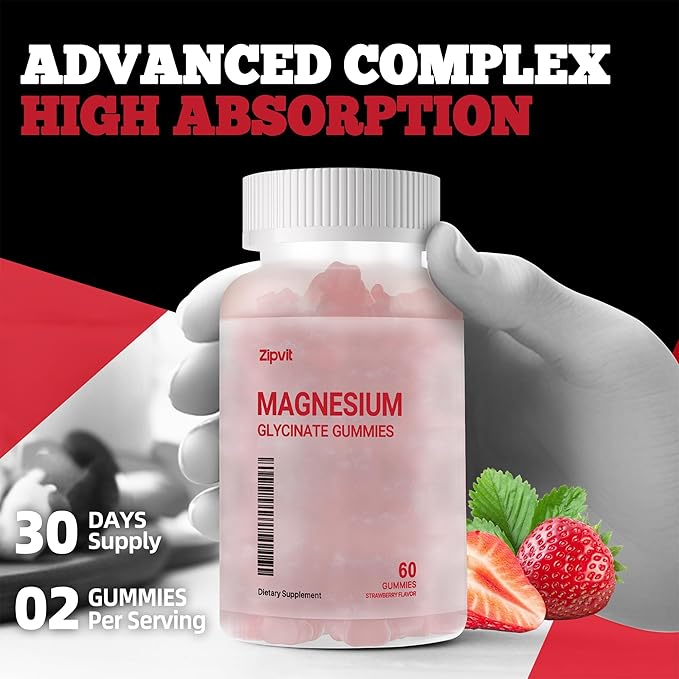 Magnesium Glycinate Gummies 1000mg - Sugar Free Magnesium Potassium Supplement with Vitamin D, B6, CoQ10 for Calm Mood & Sleep Support - 60 Strawberry Gummies