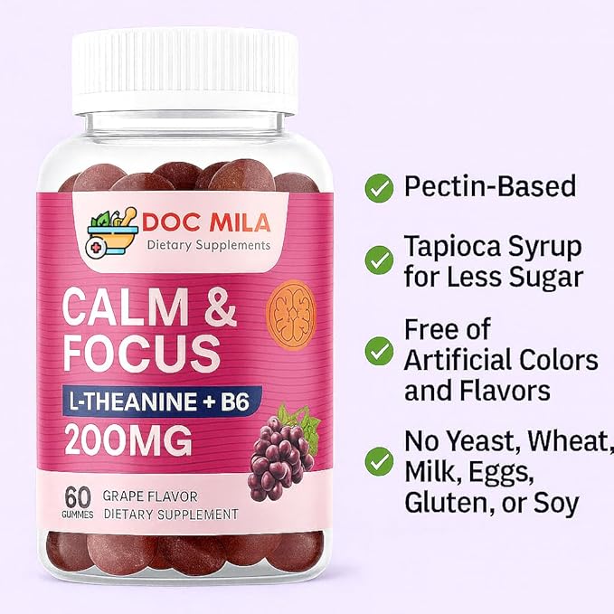 L-Theanine Gummies 200mg – L Theanine Supplement Chewable Gummy – Ltheanine/L’theanine 200mg – Focus and Calm Vitamins Supplement for Kids and Adults