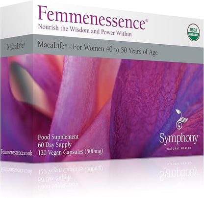 Femmenessence® MacaLife® – Clinically Proven Perimenopausal Organic Vegan Supplement for Natural Hormone Balance, Symptom Relief, Heart & Mood Support (120 Capsules, 60 Day Supply)