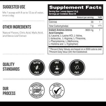 Instant Aminos - EAA+BCAA - 10 Essential Amino Acids Supplement, Rapid Absorption, Zero Digestion - Supports Lean Muscle, Recovery & Aging - 321% DIAAS Protein Score - Lemon Lime (30 Servings)