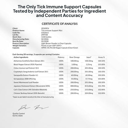 Zenmen Daily Tick Guard Immune Support Supplement - Improved Formula - Japanese Knotweed, Cat's Claw, Chinese Skullcap, Cryptolepis Sanguinolenta, Sweet Wormwood - 180 Vegan Capsules, Made in The USA