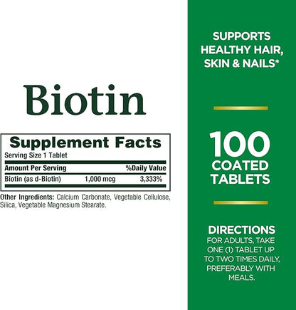 Nature's Bounty Biotin, Supports Metabolism for Energy and Healthy Hair, Skin, and Nails, 1000 mcg, 100 Tablets (Pack of 2)