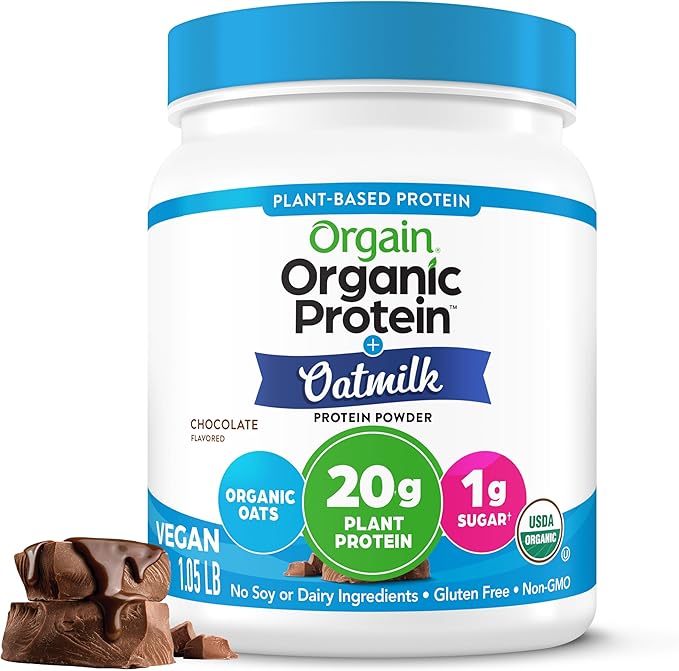 Orgain Organic Vegan Protein Powder + Oat Milk, Chocolate - 20g Plant Based Protein, Gluten Free, No Dairy, Soy or Lactose Ingredients, Low Sugar, Non-GMO, Kosher, For Shakes & Smoothies - 1.05lb