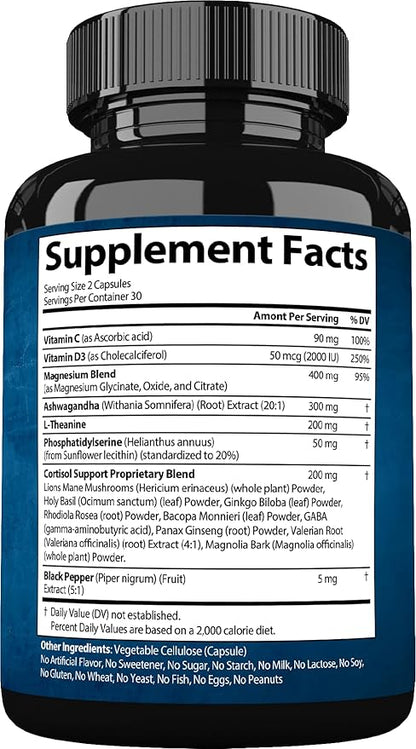 Cortisol Supplements for Women and Men with Magnesium, Ashwagandha & L-Theanine. High Cortisol Reducer, Manager, Detox, Lower and Control. Sleep Support & Stress Relief, USA