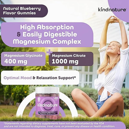 kindnature Magnesium Glycinate & Citrate Gummies – Calm Magnesium Complex for Sleep, Stress, Cramps & Digestion – Chewable Vegan Magnesium Supplement for Women, Teens, Adults – 60 Ct