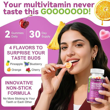 Totaria Sugar Free Womens Multivitamin Gummies with Iron, Women's Multivitamin w/Vitamins C, D3 K2, B12, B6, Filled Gummies for Daily Nutritional Support| Immune Support| Skin Health, Mixed Flavors