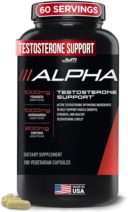 Alpha JYM Testosterone Support | Male Vitality, Hormone Optimization, Ashwagandha, Fenugreek, Eurycoma, Damiana, Quercetin, DIM | JYM Supplemental Science | 180 Vegetarian Capsules