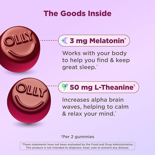 OLLY Sleep Gummy, 3 mg Melatonin, L-Theanine, Chamomile, Lemon Balm, Sleep Aid, Strawberry, 60 Count