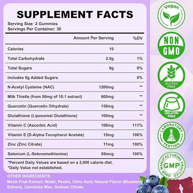 NAC Gummies, N Acetyl Cysteine Supplement for Adults and Kids, NAC Chewable Support Liver Health, Antioxidants & Immune System, Sugar-Free, Blueberry Flavor, 60 Count