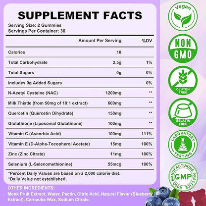 NAC Gummies, N Acetyl Cysteine Supplement for Adults and Kids, NAC Chewable Support Liver Health, Antioxidants & Immune System, Sugar-Free, Blueberry Flavor, 60 Count