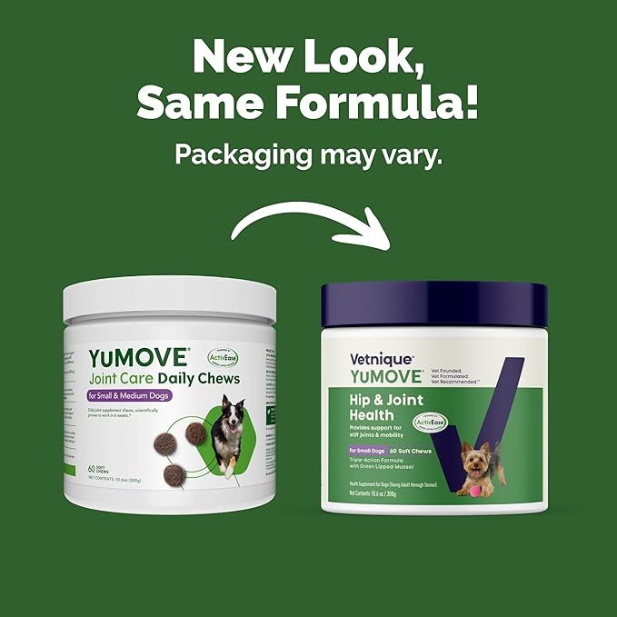 YuMOVE Hip & Joint Supplement for Dogs - with Glucosamine Chondroiton, Green Lipped Mussel, Hyaluronic Acid, and Omega 3 Joint Supplement for Stiffness and Mobility - 60 Chews (Small/Medium Dogs)