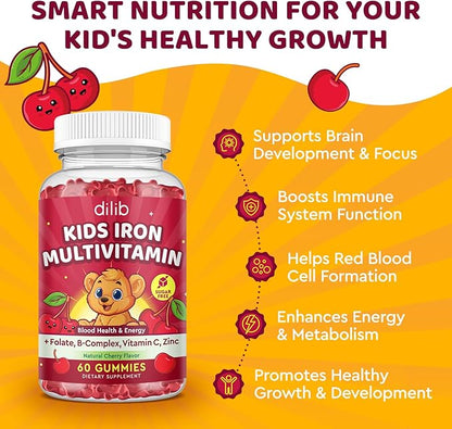 Iron Supplement Gummies for Kids, Kids Multivitamin with Iron Gummies - Zinc, Vitamin B Complex, A, C, D3, B12, Folate for Blood Builder & Energy Support, Iron Deficiency, Vegan Cherry 60ct