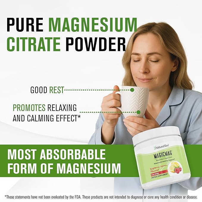 NaturalSlim Magicmag Pure Magnesium Citrate Powder Stress, Constipation, Muscle, Heart Health, and Sleep Support | Raspberry Lemon Magnesium Supplement - 8oz Drink Mix (3 Pack)