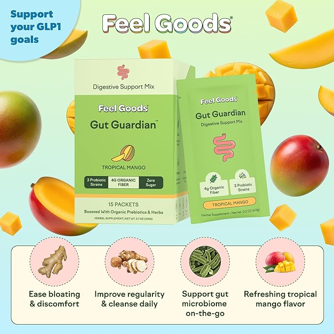 Feel Goods Gut Guardian, Gut Health Powder Packets - Probiotic Fiber Powder with Prebiotics & L Glutamine for Digestive Health, Bloating Relief & Digestion Support - Zero Sugar & Organic Flavor