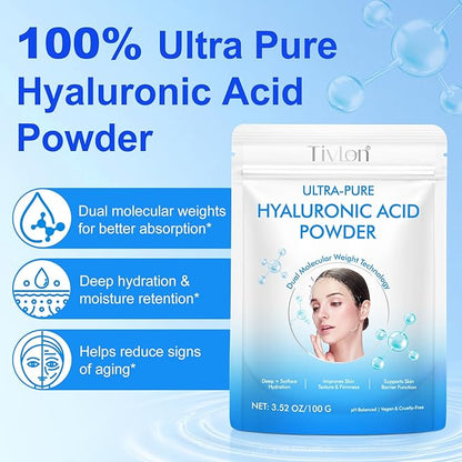 2x Hyaluronic Acid Powder for Skin & Face, High Molecular Weight Hyaluronic Acid Serum Powder Pure, 24Hours Skin Hydration and Moisture Support Supplements | Vegan-friendly, 200g
