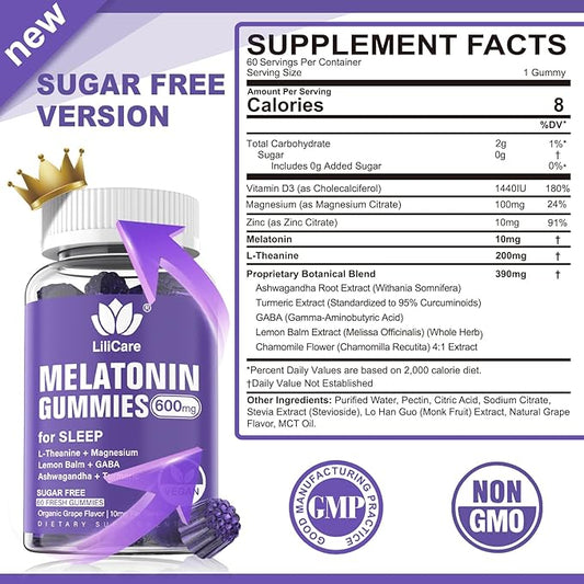 Melatonin Gummies 10mg 20mg for Adults Sugar Free, Extra Strength w/ L-Theanine, Ashwagandha, Magnesium, Turmeric, GABA, Lemon Balm and Chamomile for Healthy Circadian Rhythm, Vegan Grape Flavor, 60ct
