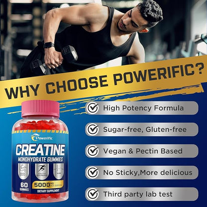 Creatine Monohydrate Gummies for Men & Women Pre Workout Gummies with Taurine, Vitamin B6 & B12 Creatine Monohydrate Chewable for Increase Strength, Energy, Endurance, Muscle, Organic (2 Packs)