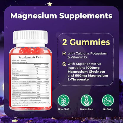 Liposomal Magnesium Complex 190mg for Kids Per Serving, Magnesium Glycinate with L-Threonate, Vitamin D3, CoQ10, L-Threonate Gummies for Rest Support, Sugar/Gluten Free, 60 Count