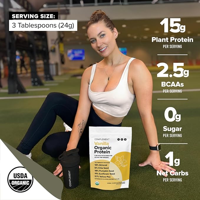 Complement Vegan Vanilla Protein Powder - Organic Protein Low Carb, Low Calorie, Sugar Free, Soy Free, Non-GMO, Gluten Free, Non Dairy - 15g Yellow Pea, Pumpkin Seed Protein Powder (15 Serving)