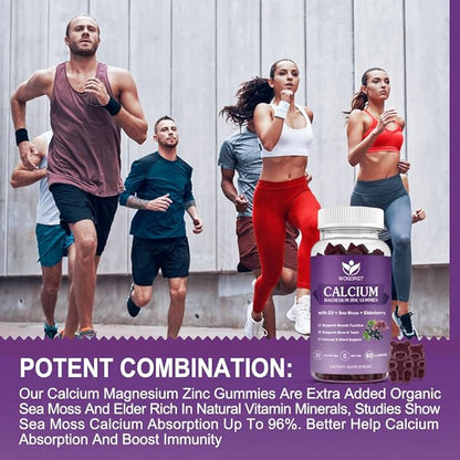 Calcium Magnesium Zinc Gummies with Vitamin D3 - High Absorption Complex Calcium Supplement with Sea Moss, Elderberry for Bone, Muscles, Immune, Mood & Sleep Support, Vegan - 60 Gummies (3 Pack)