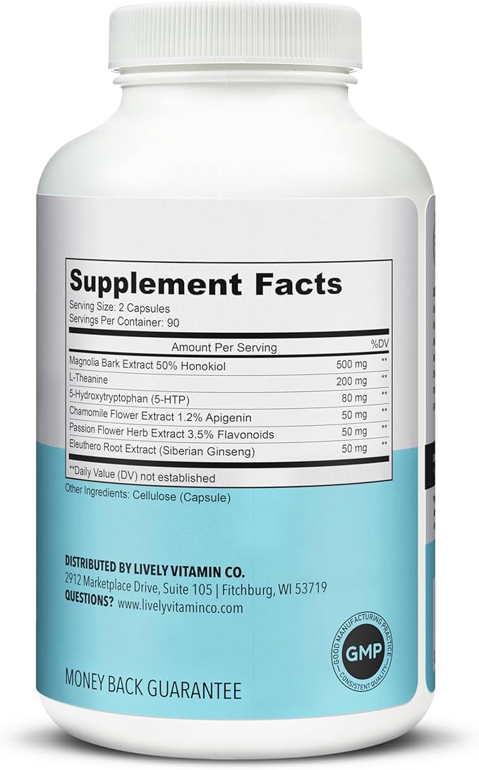 LIVELY VITAMIN CO. Chill Pill - Calm Mood - Relax - Restful Deep Sleep - REM - Stress - Anxiousness - Magnolia Bark - Chamomile - L-Theanine - Passionflower - 5-HTP - 180 Vegan Capsules