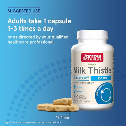 Jarrow Formulas Milk Thistle 150 mg With 30:1 Standardized Silymarin Extract, Dietary Supplement for Liver Function Support, 200 Veggie Capsules, 66-200 Day Supply, 12 Packs