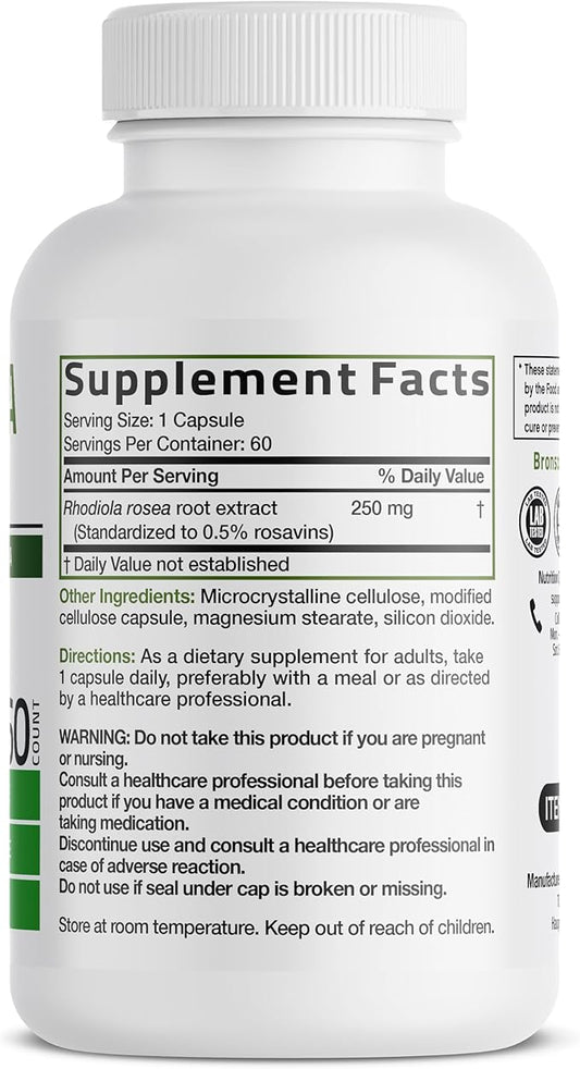Bronson Rhodiola Rosea Vegetarian Capsules - Adaptogenic Herb - Brain, Stress & Mood Support - Non-GMO, 60 Count