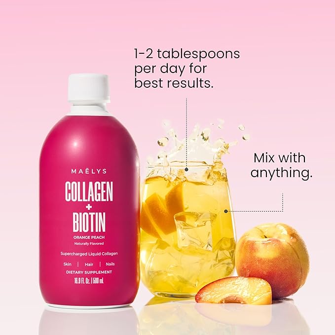 MAËLYS Collagen + BIOTIN Supercharged Liquid Collagen - Drinkable Hydrolyzed Type I & III Collagen Supplement with Biotin, Vitamin C, Zinc & Folic Acid - Orange Peach Flavor (500 mL)