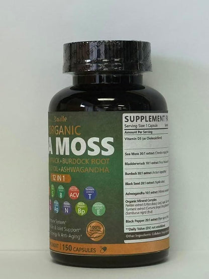 Bualle Irish Sea Moss Capsules – Organic Sea Moss, Black Seed Oil, Ashwagandha Supplements with Bladderwrack, Ginger & Burdock Root – Supports Daily Wellness, Skin & Energy – 150 Capsules,(Pack of 2)