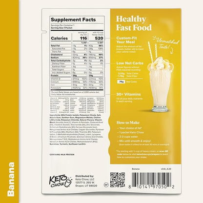Keto Chow Banana - Keto Meal Replacement Shake Powder - Nutritionally Complete - Low Carb - Delicious Easy Meal Substitute - Protein Rich You Choose The Fat - Single Meal Sample