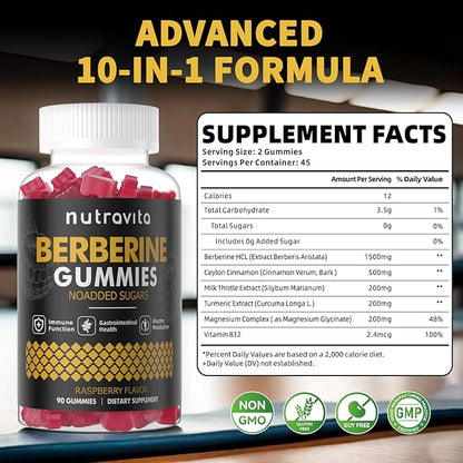 Nutravita Berberine Gummies with Ceylon Cinnamon 1500mg High Potency Berberine HCL Supplement for Immune and Metabolism Support, Sugar Free Organic Berberine Gummies Raspberry Flavor-2PACK