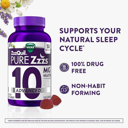 ZzzQuil Pure Zzzs Advanced Melatonin Gummies,Sleep Aid with Chamomile & Lavender for Adults Berry Flavored,100 Count (Pack of 2)