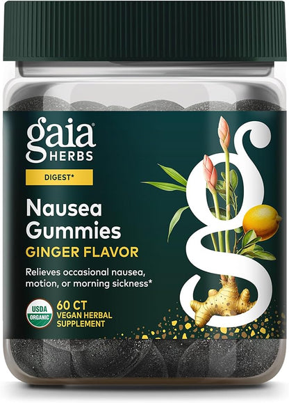 Gaia Herbs Nausea Gummies - Relieves Occasional Nausea* - with Ginger & Lemon - Ginger Flavor - 60 Vegan Gummies (30 Servings)