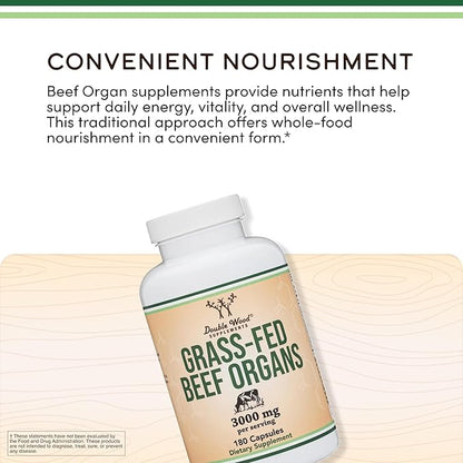Grass Fed Beef Organ Complex (3,000mg per Serving, 180 Capsules, 1 Month Supply) Supplement for Digestion, Immune Health, Energy, and Wellness by Double Wood