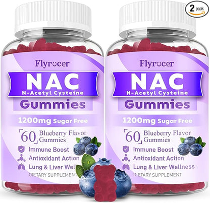 2 Pack NAC Gummies, N Acetyl Cysteine Supplement for Adults and Kids, NAC Chewable Support Liver Health, Antioxidants & Immune System, Sugar-Free, Blueberry Flavor, 120 Count