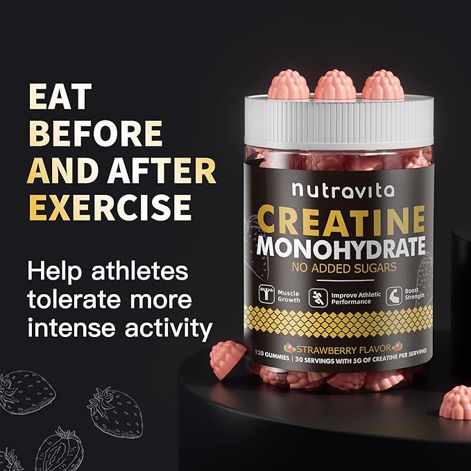 Nutravita NSF Certified Creatine Gummy - Creatine Monohydrate Gummies for Men & Women-5g of Creatine Monohydrate per Serving - Sugar Free,Vegan, Strawberry Flavor, 120 Count