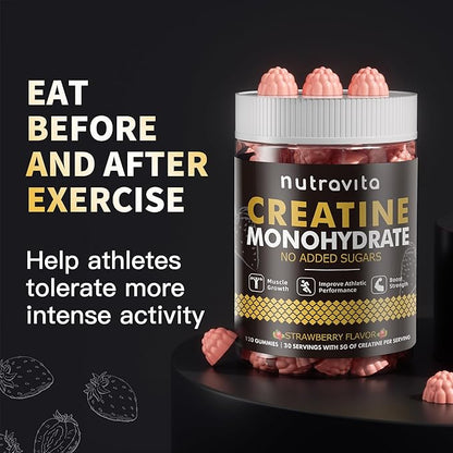 Nutravita NSF Certified Creatine Gummy - Creatine Monohydrate Gummies for Men & Women-5g of Creatine Monohydrate per Serving - Sugar Free,Vegan, Strawberry Flavor, 120 Count