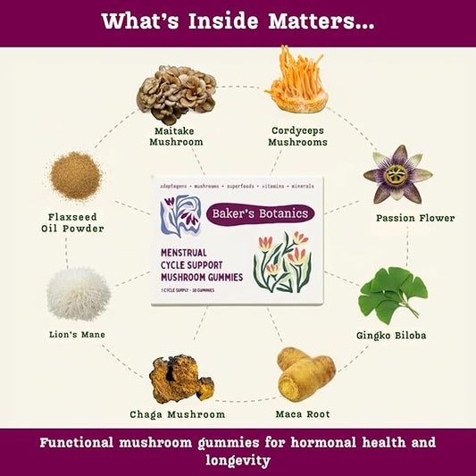 Period ovulatory & PMS Support Supplement for Women – Hormone Balance + 4-Phase Menstrual Cycle Kit | Vegan Functional Mushroom Gummies by Baker’s Botanics (Pack of 6)(30 Gummies)