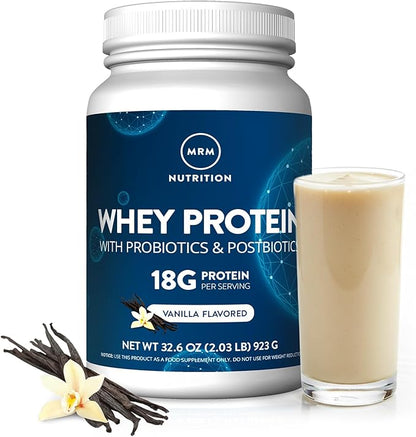 MRM Nutrition Whey Protein - Vanilla Flavored, Microfiltered Whey Protein Isolate & Concentrate, 16 Different Probiotic Strains, BCAAs, & Digestive Enzymes, Gluten Free, for Women & Men - 34 Servings