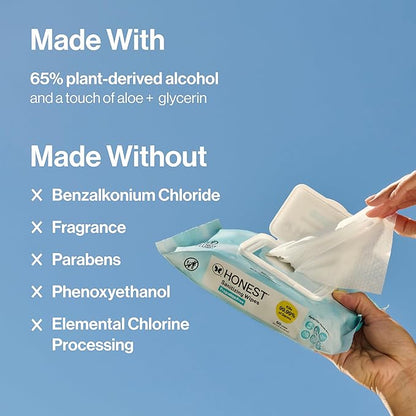 The Honest Company Fragrance-Free Sanitizing Alcohol Wipes, Antibacterial Safe for Hands, Kills 99% of Germs, Made With Aloe, 50 Count (1 Pack)