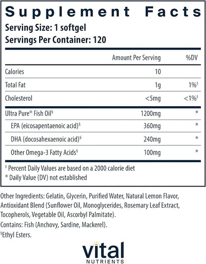 Vital Nutrients Ultra Pure Fish Oil 700 - Supports Heart, Brain, and Joint Health* - Sustainably Sourced High EPA & DHA Omega-3 Fatty Acid - Lemon Flavor - Gluten, Dairy & Soy Free - 120 Softgels